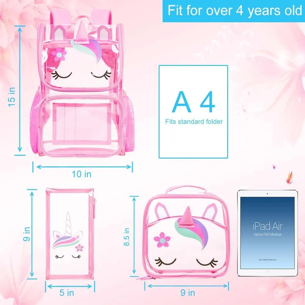 UFNDC 3PCS Clear Backpack for Girls and Boys, Unicorn Cat Transparent Bookbag, See Through School Bag for Kids Elementary