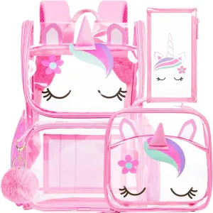 UFNDC 3PCS Clear Backpack for Girls and Boys, Unicorn Cat Transparent Bookbag, See Through School Bag for Kids Elementary