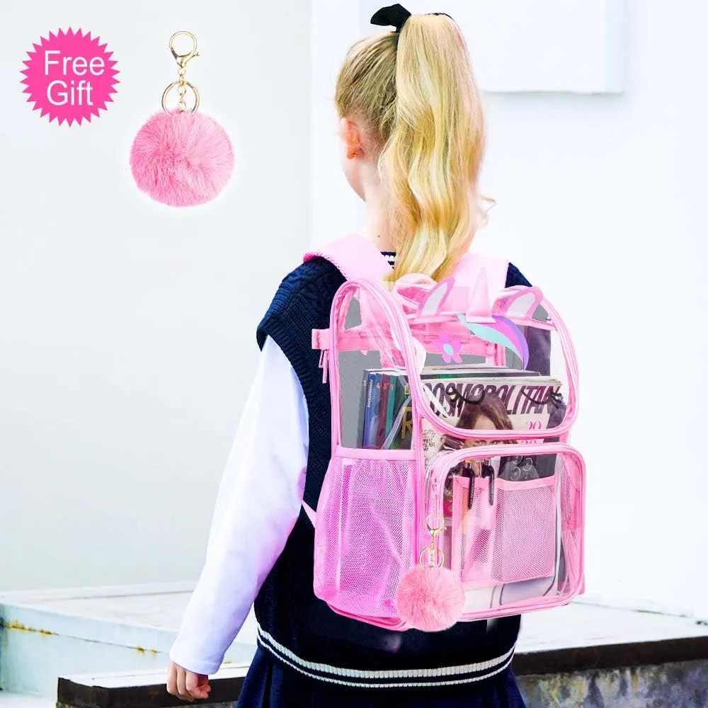 UFNDC 3PCS Clear Backpack for Girls and Boys, Unicorn Cat Transparent Bookbag, See Through School Bag for Kids Elementary