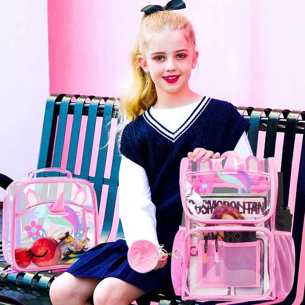 UFNDC 3PCS Clear Backpack for Girls and Boys, Unicorn Cat Transparent Bookbag, See Through School Bag for Kids Elementary