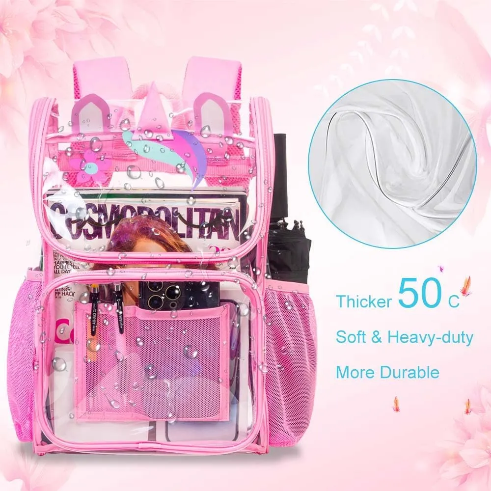 UFNDC 3PCS Clear Backpack for Girls and Boys, Unicorn Cat Transparent Bookbag, See Through School Bag for Kids Elementary
