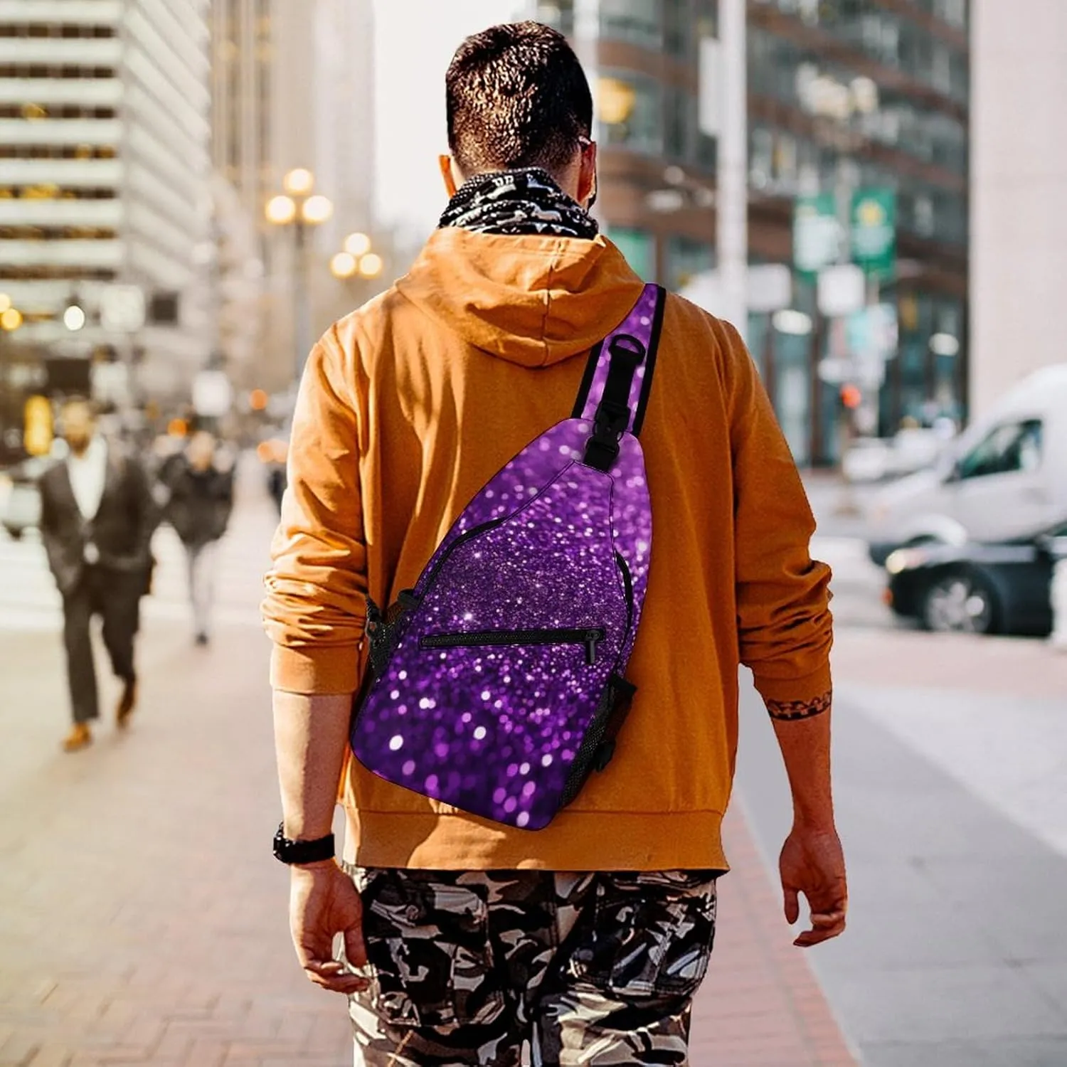 Ultra Lightweight Sling Backpack Shoulder Chest Crossbody Bag Multipurpose Anti-Theft Backpacking for Hiking Cycling Walking Dog Bicycle Travel - Beautiful Dark Purple Bling Glitter Sparkles Pattern