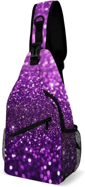 Ultra Lightweight Sling Backpack Shoulder Chest Crossbody Bag Multipurpose Anti-Theft Backpacking for Hiking Cycling Walking Dog Bicycle Travel - Beautiful Dark Purple Bling Glitter Sparkles Pattern