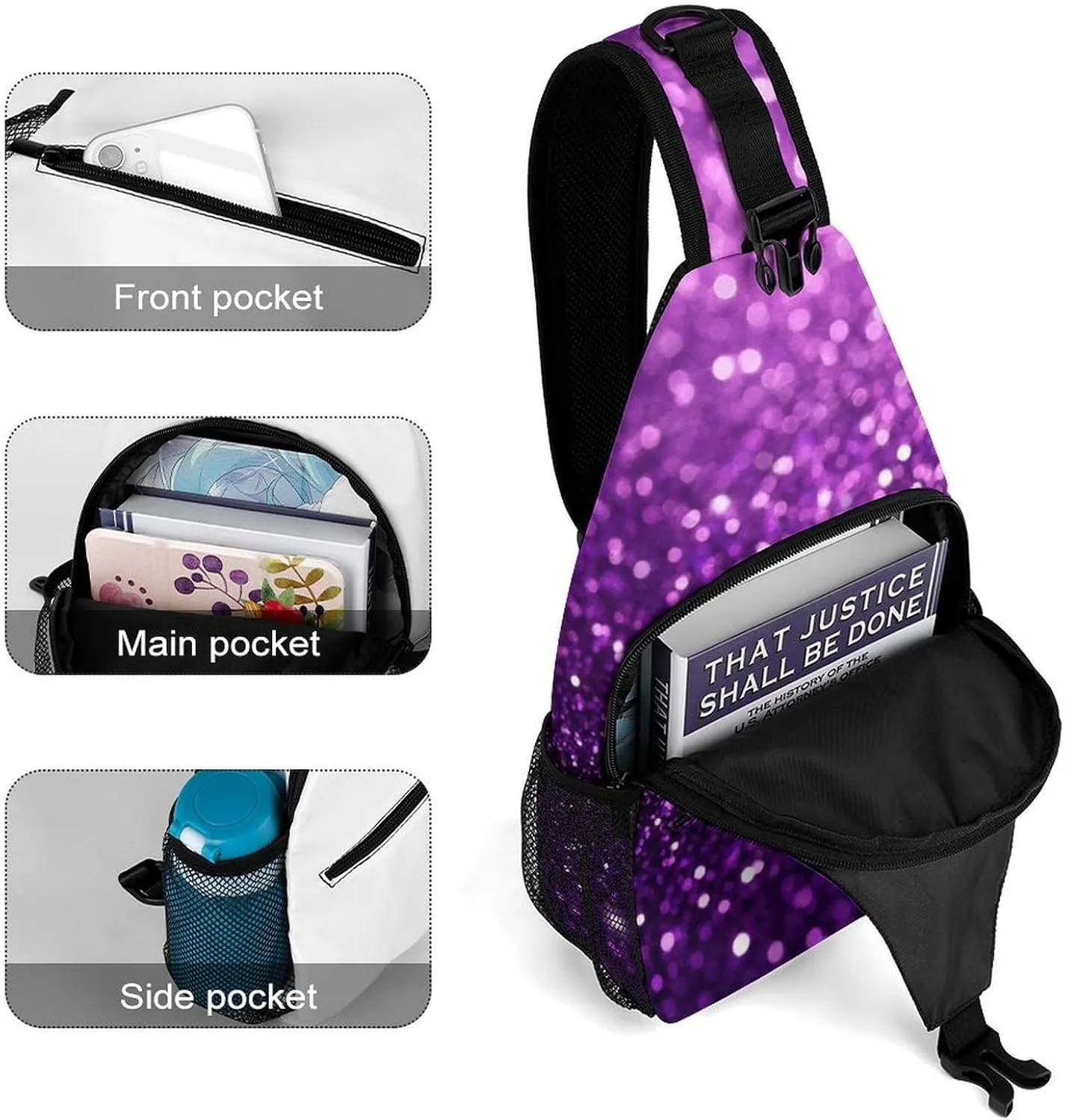 Ultra Lightweight Sling Backpack Shoulder Chest Crossbody Bag Multipurpose Anti-Theft Backpacking for Hiking Cycling Walking Dog Bicycle Travel - Beautiful Dark Purple Bling Glitter Sparkles Pattern