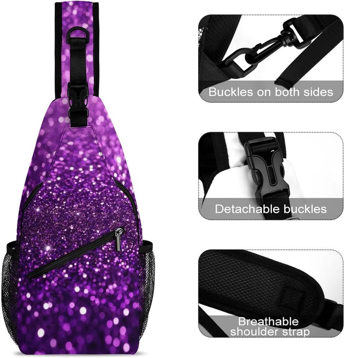 Ultra Lightweight Sling Backpack Shoulder Chest Crossbody Bag Multipurpose Anti-Theft Backpacking for Hiking Cycling Walking Dog Bicycle Travel - Beautiful Dark Purple Bling Glitter Sparkles Pattern
