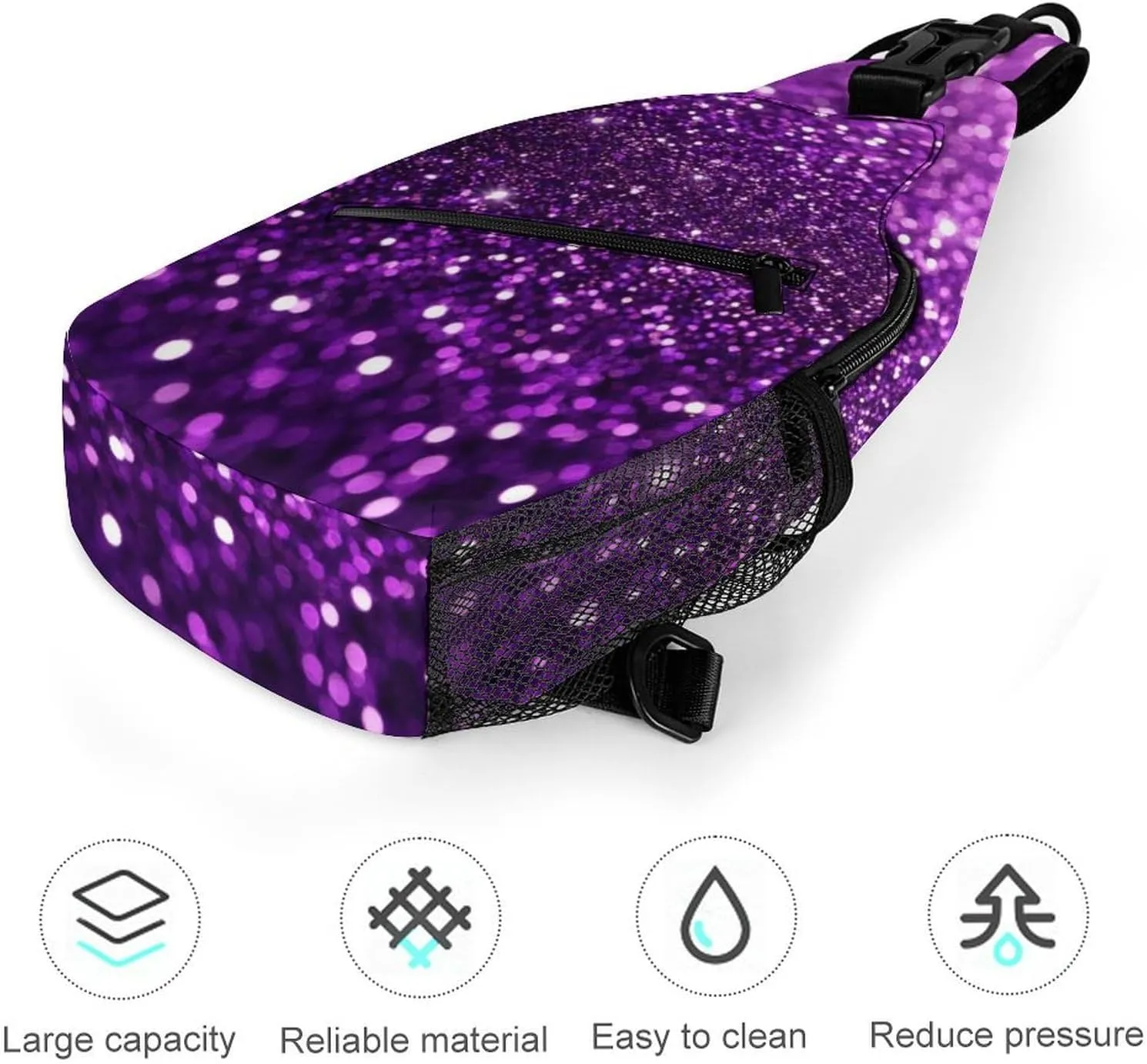 Ultra Lightweight Sling Backpack Shoulder Chest Crossbody Bag Multipurpose Anti-Theft Backpacking for Hiking Cycling Walking Dog Bicycle Travel - Beautiful Dark Purple Bling Glitter Sparkles Pattern