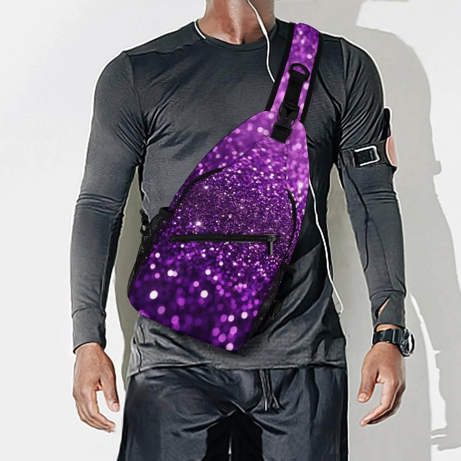 Ultra Lightweight Sling Backpack Shoulder Chest Crossbody Bag Multipurpose Anti-Theft Backpacking for Hiking Cycling Walking Dog Bicycle Travel - Beautiful Dark Purple Bling Glitter Sparkles Pattern