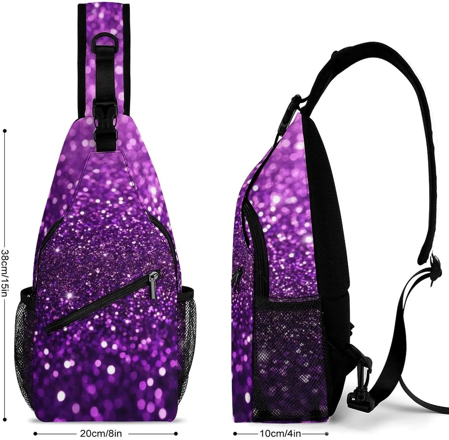 Ultra Lightweight Sling Backpack Shoulder Chest Crossbody Bag Multipurpose Anti-Theft Backpacking for Hiking Cycling Walking Dog Bicycle Travel - Beautiful Dark Purple Bling Glitter Sparkles Pattern