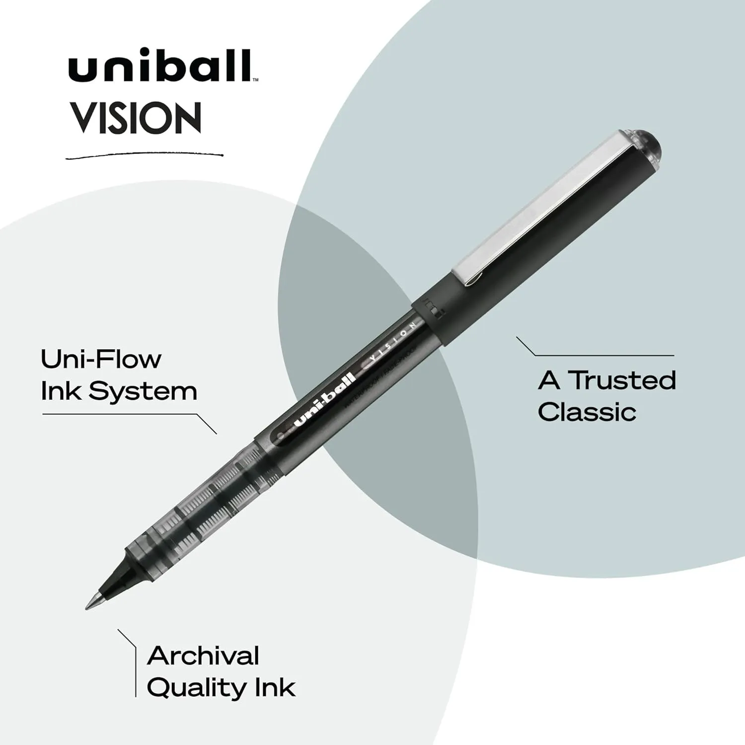Uniball Vision Rollerball Pen - 12 Pack, Black Pens, 0.5mm Micro Tip Size - Smooth Writing Japanese Pens, School Supplies