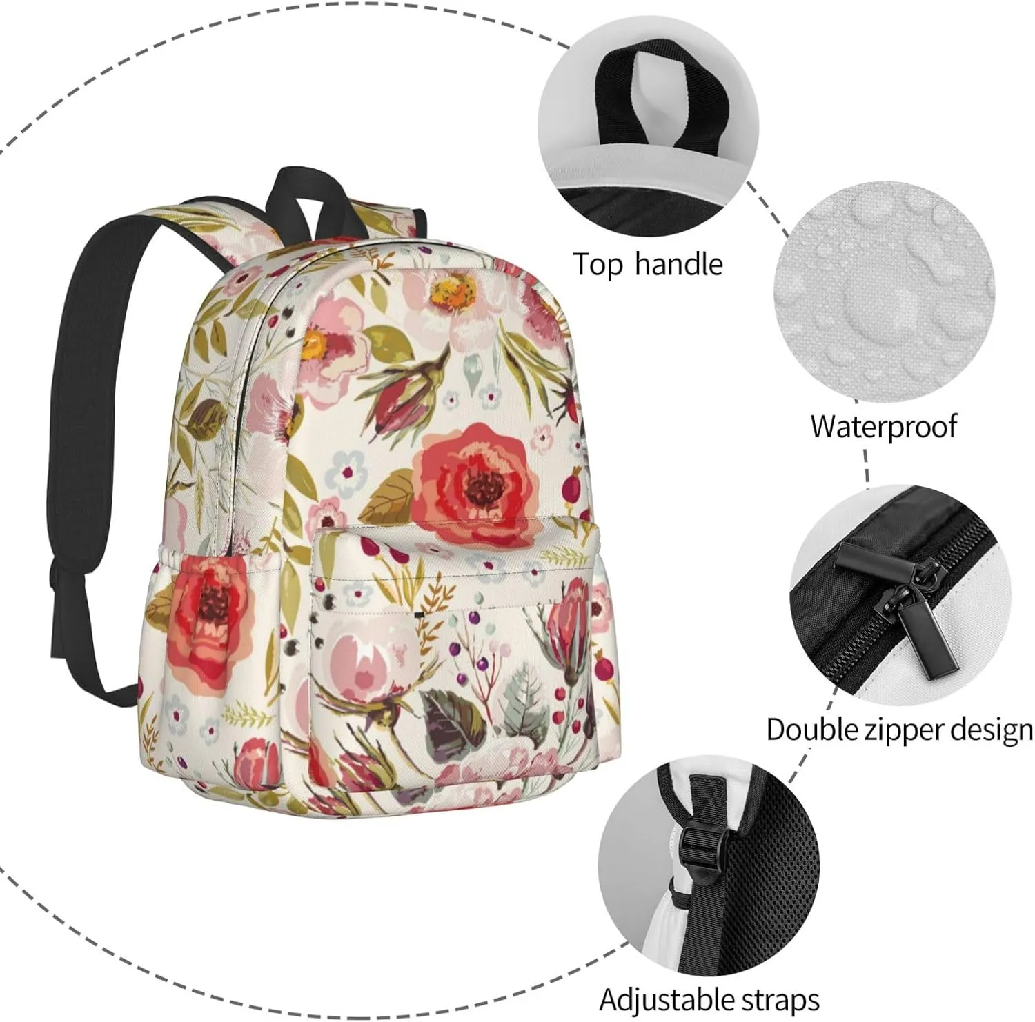 Unisex Casual Backpack for Travel, Men Women Large Capacity Bookbag Daypack Rucksack Compatible with Floral Chic Flowers Roses Pedals Dots Leaves Buds Spring Season Theme Bookbag Backpack