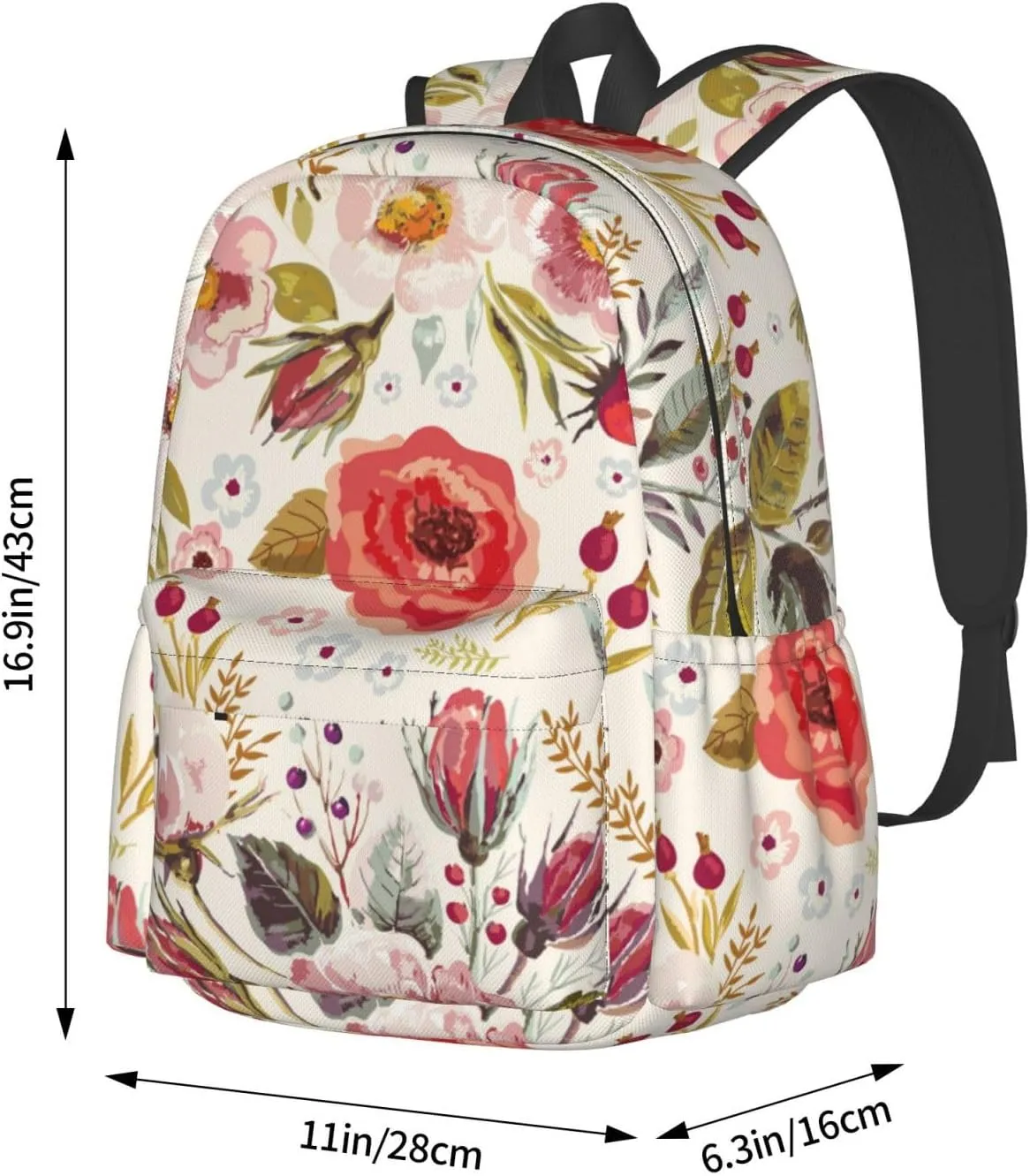 Unisex Casual Backpack for Travel, Men Women Large Capacity Bookbag Daypack Rucksack Compatible with Floral Chic Flowers Roses Pedals Dots Leaves Buds Spring Season Theme Bookbag Backpack