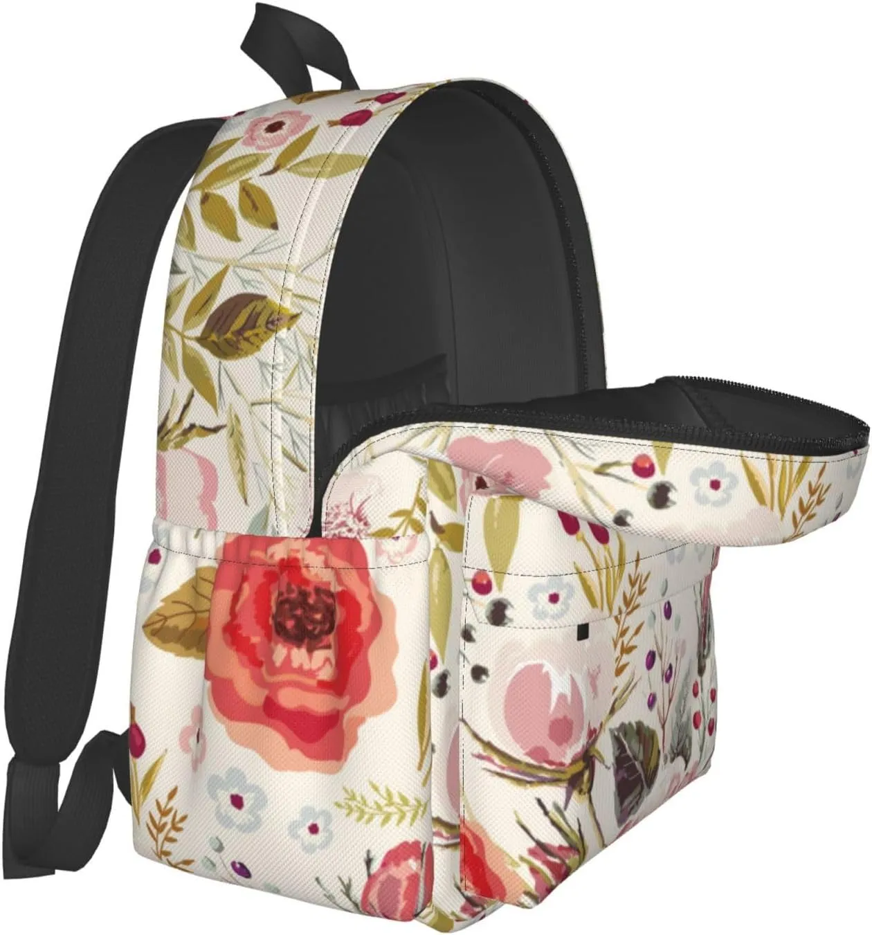Unisex Casual Backpack for Travel, Men Women Large Capacity Bookbag Daypack Rucksack Compatible with Floral Chic Flowers Roses Pedals Dots Leaves Buds Spring Season Theme Bookbag Backpack