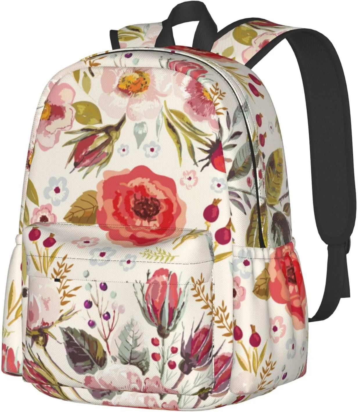 Unisex Casual Backpack for Travel, Men Women Large Capacity Bookbag Daypack Rucksack Compatible with Floral Chic Flowers Roses Pedals Dots Leaves Buds Spring Season Theme Bookbag Backpack