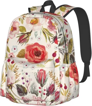 Unisex Casual Backpack for Travel, Men Women Large Capacity Bookbag Daypack Rucksack Compatible with Floral Chic Flowers Roses Pedals Dots Leaves Buds Spring Season Theme Bookbag Backpack