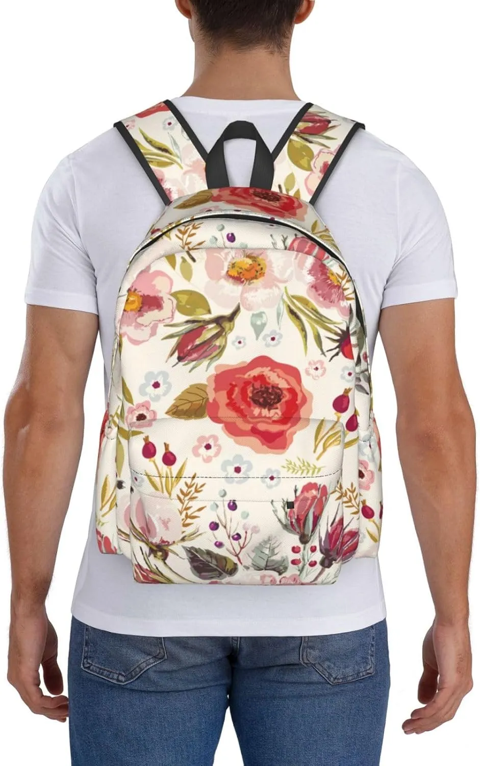 Unisex Casual Backpack for Travel, Men Women Large Capacity Bookbag Daypack Rucksack Compatible with Floral Chic Flowers Roses Pedals Dots Leaves Buds Spring Season Theme Bookbag Backpack