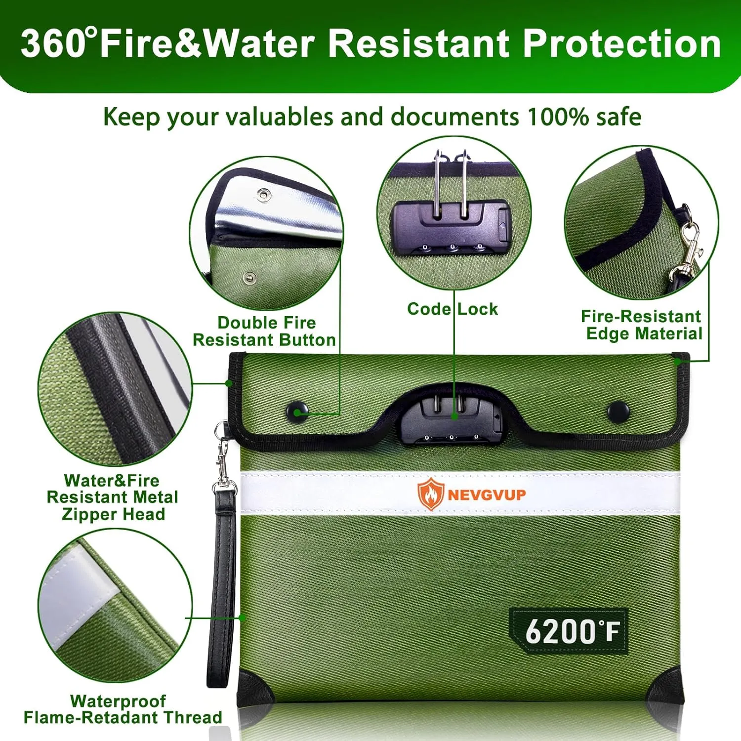 Upgraded 6200F Fireproof Document Bag with Lock, Fireproof Money Bag for Cash with Zipper/Reflective Strip, 9 Layers of Heat Insulated Materials, Water Resistant, Safe