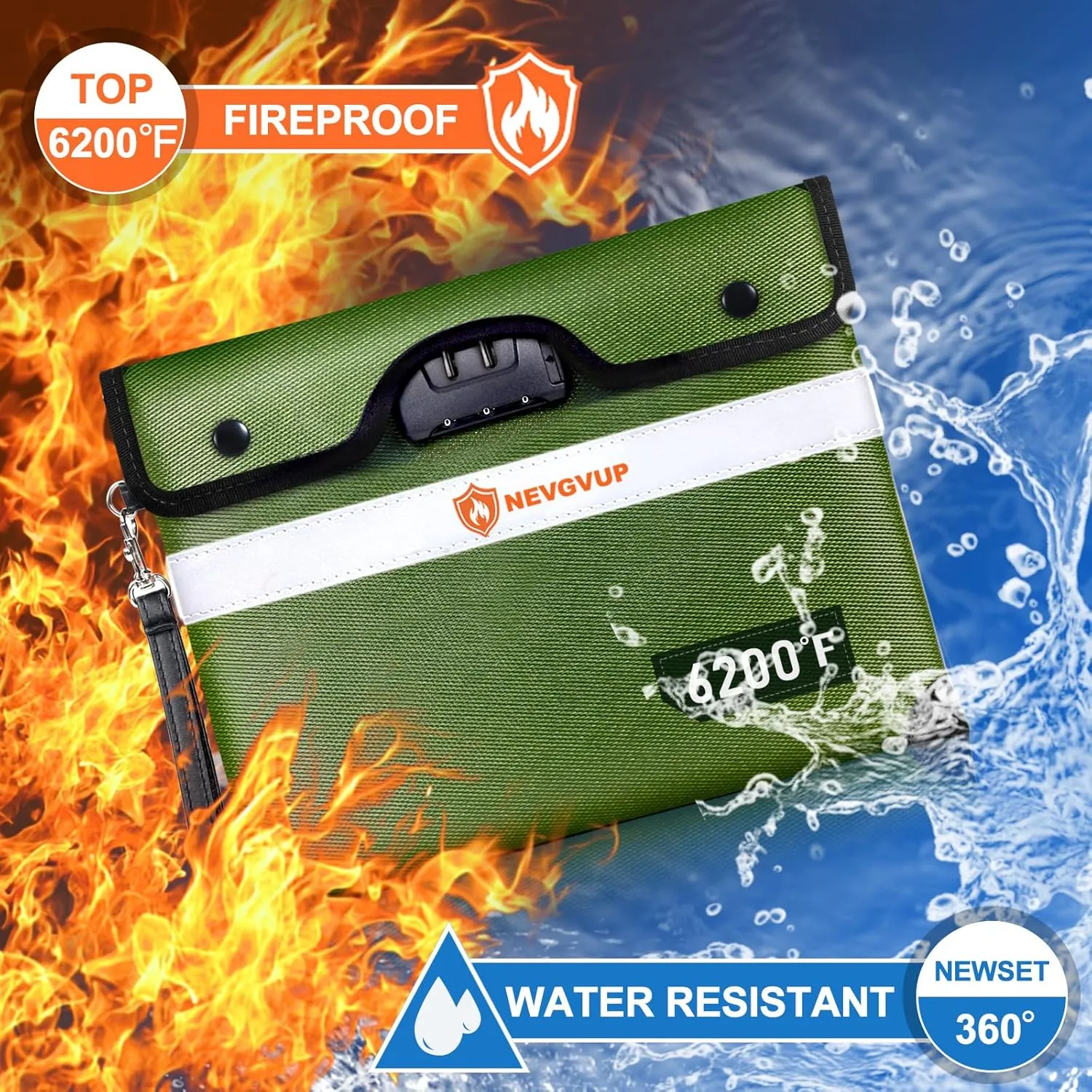 Upgraded 6200F Fireproof Document Bag with Lock, Fireproof Money Bag for Cash with Zipper/Reflective Strip, 9 Layers of Heat Insulated Materials, Water Resistant, Safe