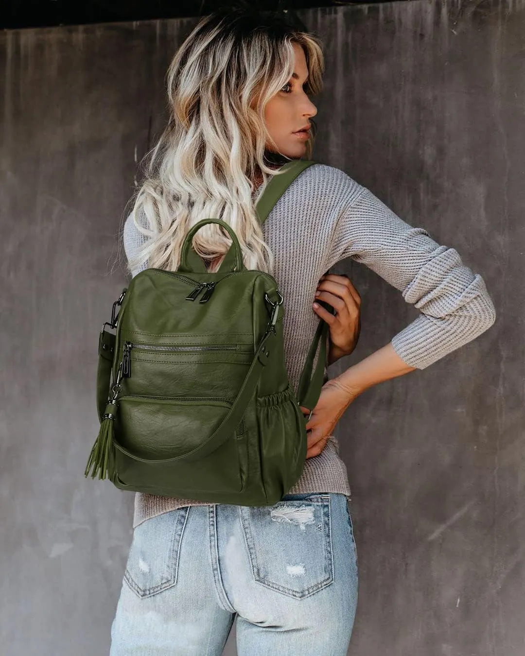 Uromee Backpack Purse for Women Vegan Leather Ladies Fashion Travel Tassel Shoulder Bag Convertible Green bag