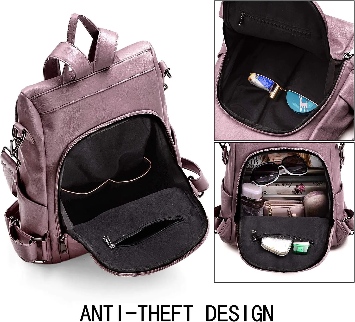 UTO Women ANTI-THEFT Backpack Purse PU Washed Leather Convertible Ladies Rucksack Bowknot Shoulder Bag Pink