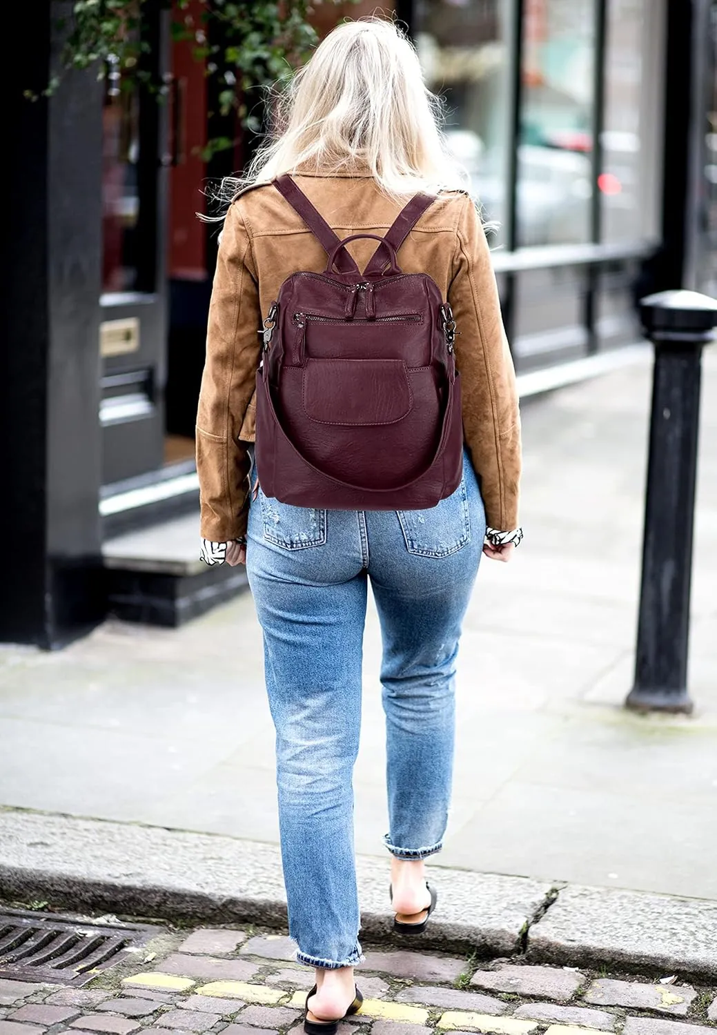 UTO Women Backpack Purse 3 ways PU Washed Leather Ladies Rucksack Shoulder Bag New Blue