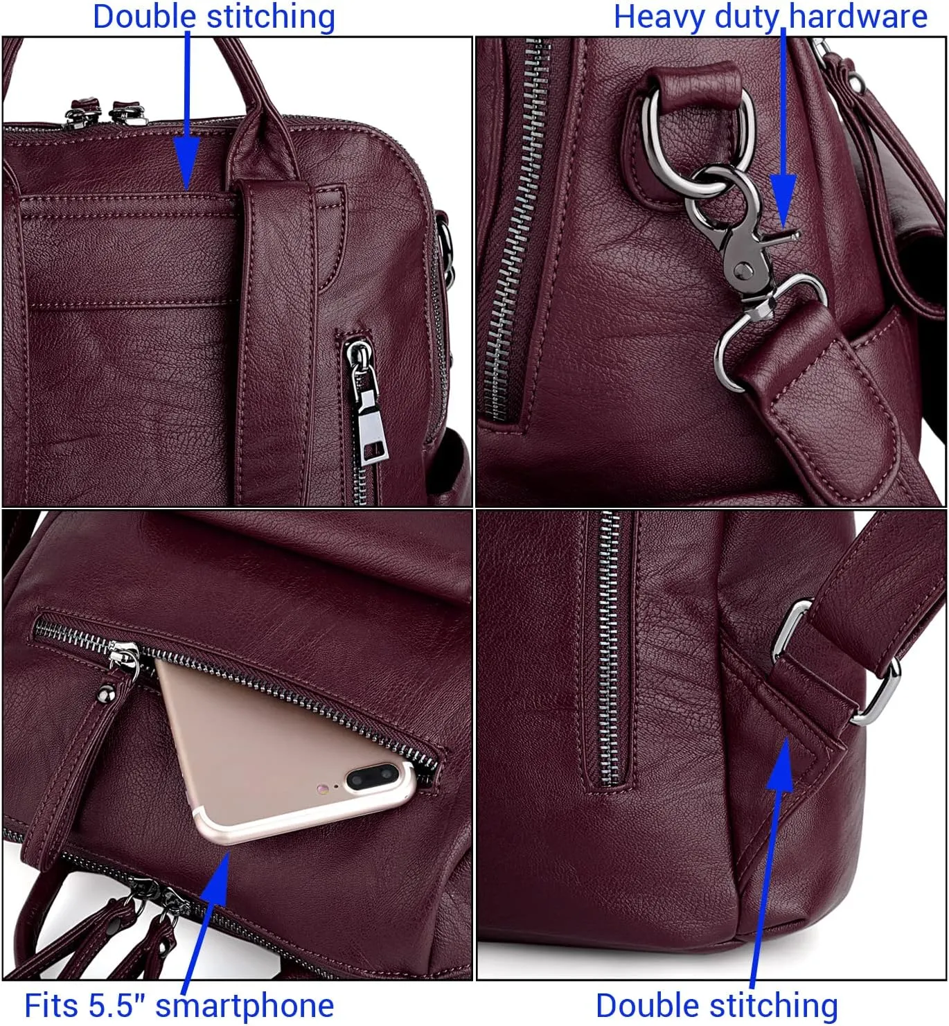 UTO Women Backpack Purse 3 ways PU Washed Leather Ladies Rucksack Shoulder Bag New Blue