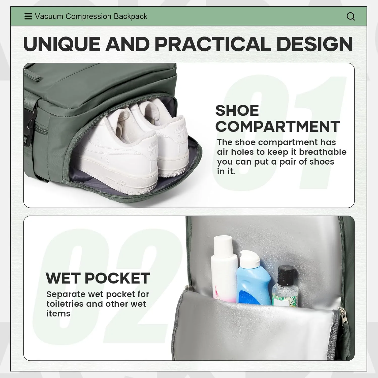 Vacuum Travel Backpack with Pump for Women Men Carry on Backpack Luggage Flight Approved Personal item Travel Bag Essentials With Wet and Dry Separation Bag
