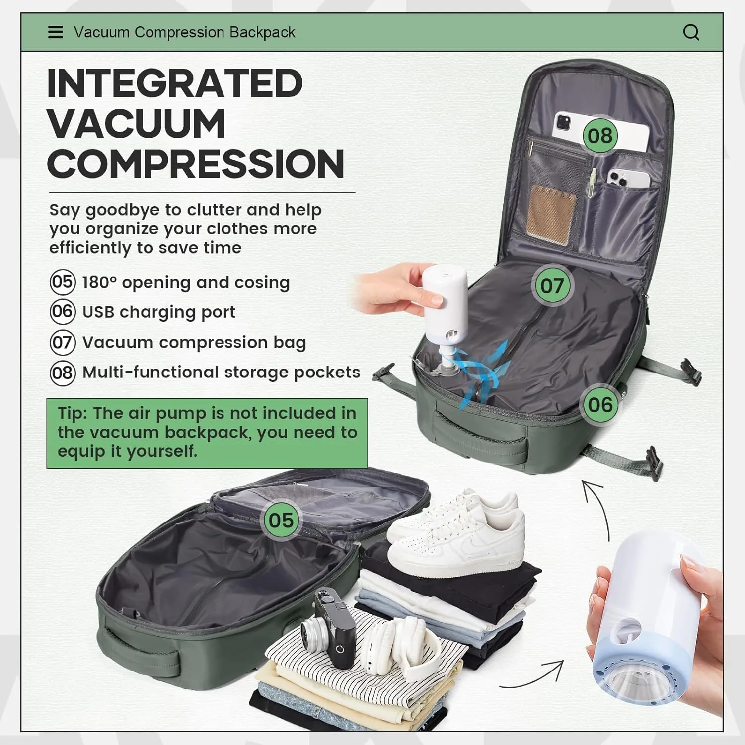 Vacuum Travel Backpack with Pump for Women Men Carry on Backpack Luggage Flight Approved Personal item Travel Bag Essentials With Wet and Dry Separation Bag