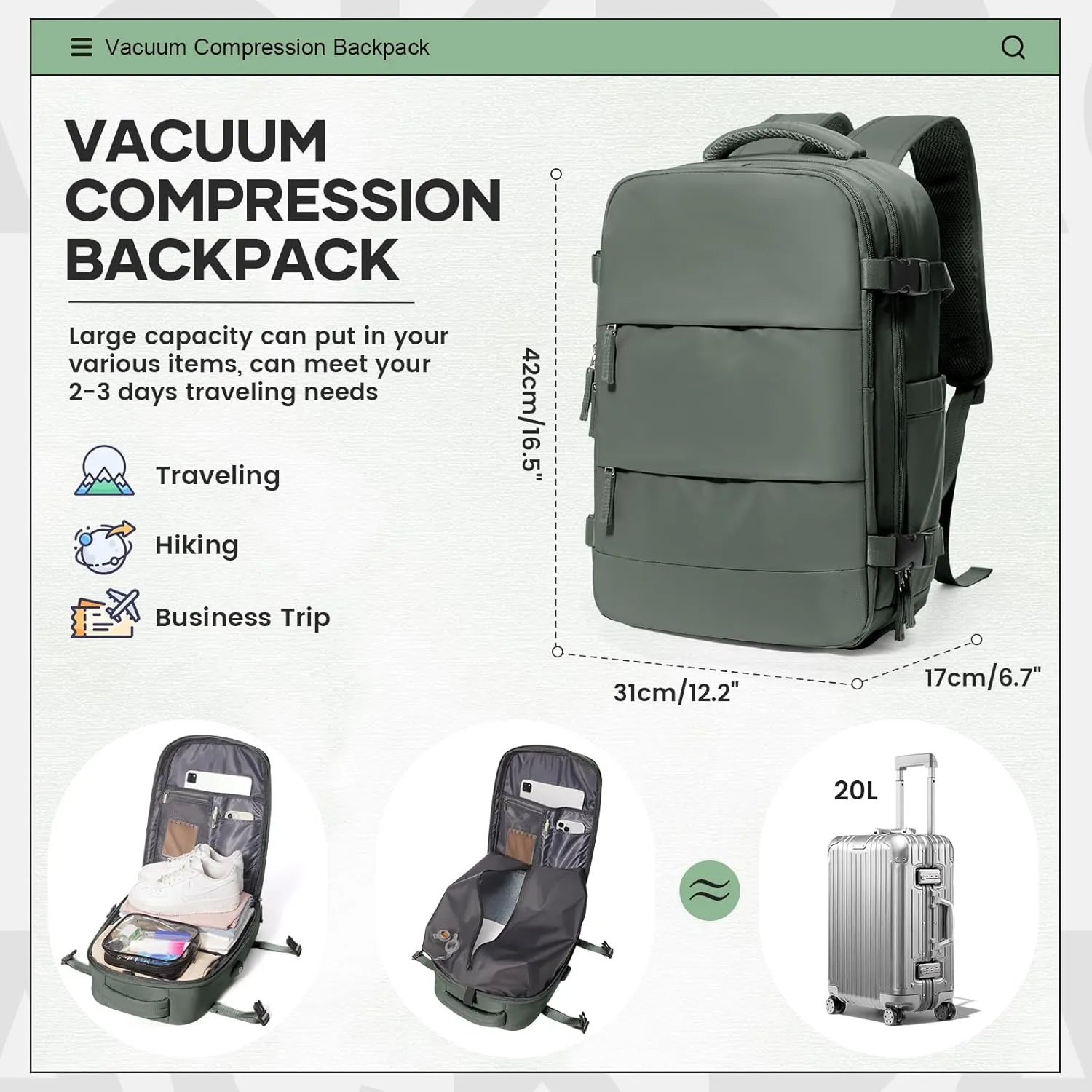 Vacuum Travel Backpack with Pump for Women Men Carry on Backpack Luggage Flight Approved Personal item Travel Bag Essentials With Wet and Dry Separation Bag