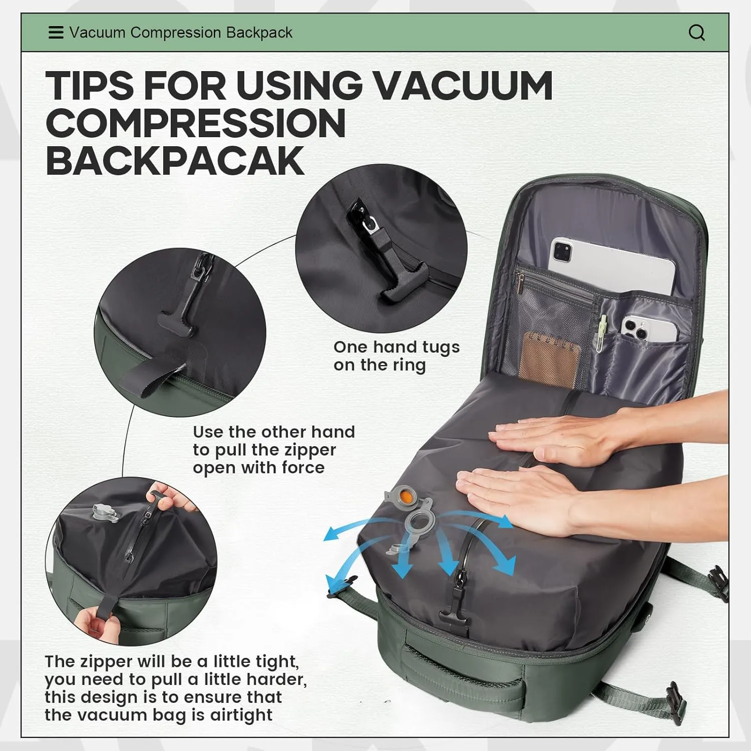 Vacuum Travel Backpack with Pump for Women Men Carry on Backpack Luggage Flight Approved Personal item Travel Bag Essentials With Wet and Dry Separation Bag