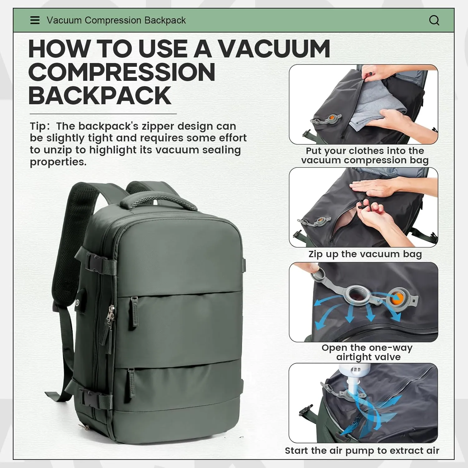 Vacuum Travel Backpack with Pump for Women Men Carry on Backpack Luggage Flight Approved Personal item Travel Bag Essentials With Wet and Dry Separation Bag