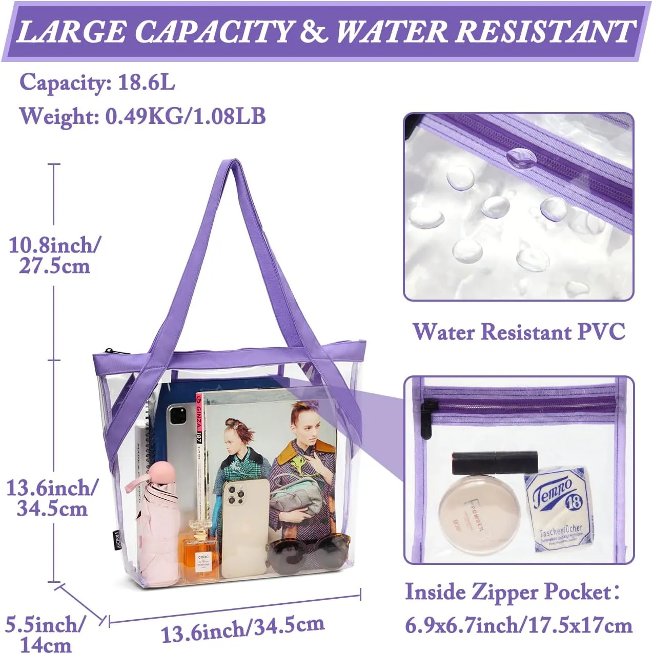 VASCHY Clear Tote Bag for Women, Heavy Duty Stadium Approved Transparent See Through Bag Purse for Work,Sports,Concert