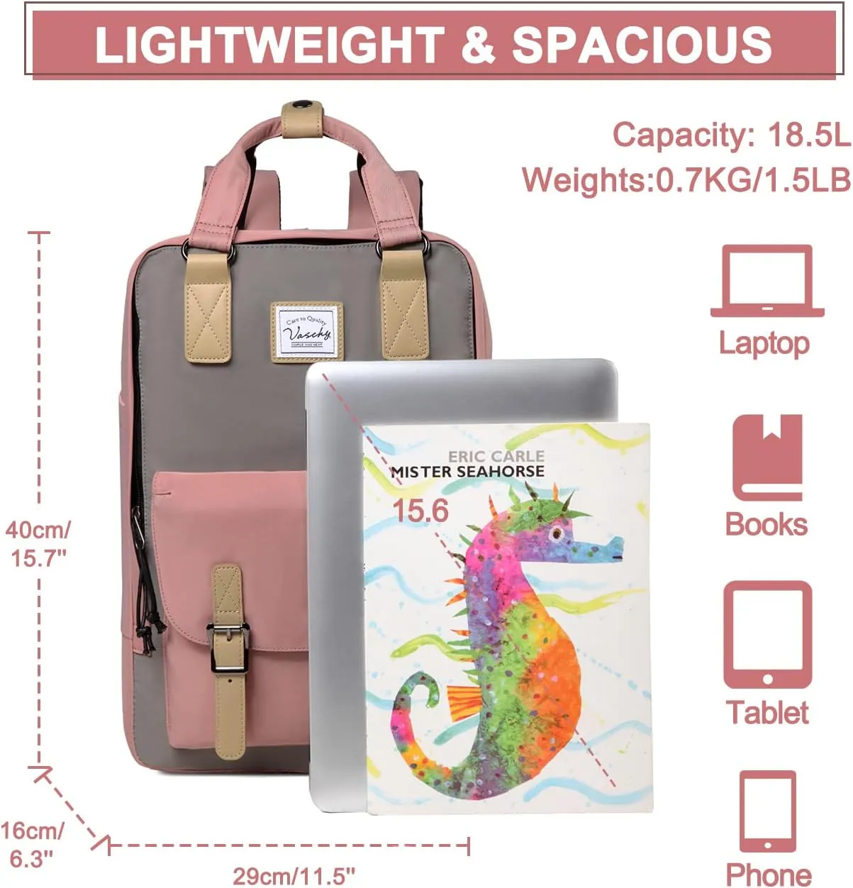 VASCHY School Backpack for Men and Women, Unisex Vintage Water Resistant Casual Daypack Rucksack Bookbag for College Fits 15inch Laptop Backpack Pink