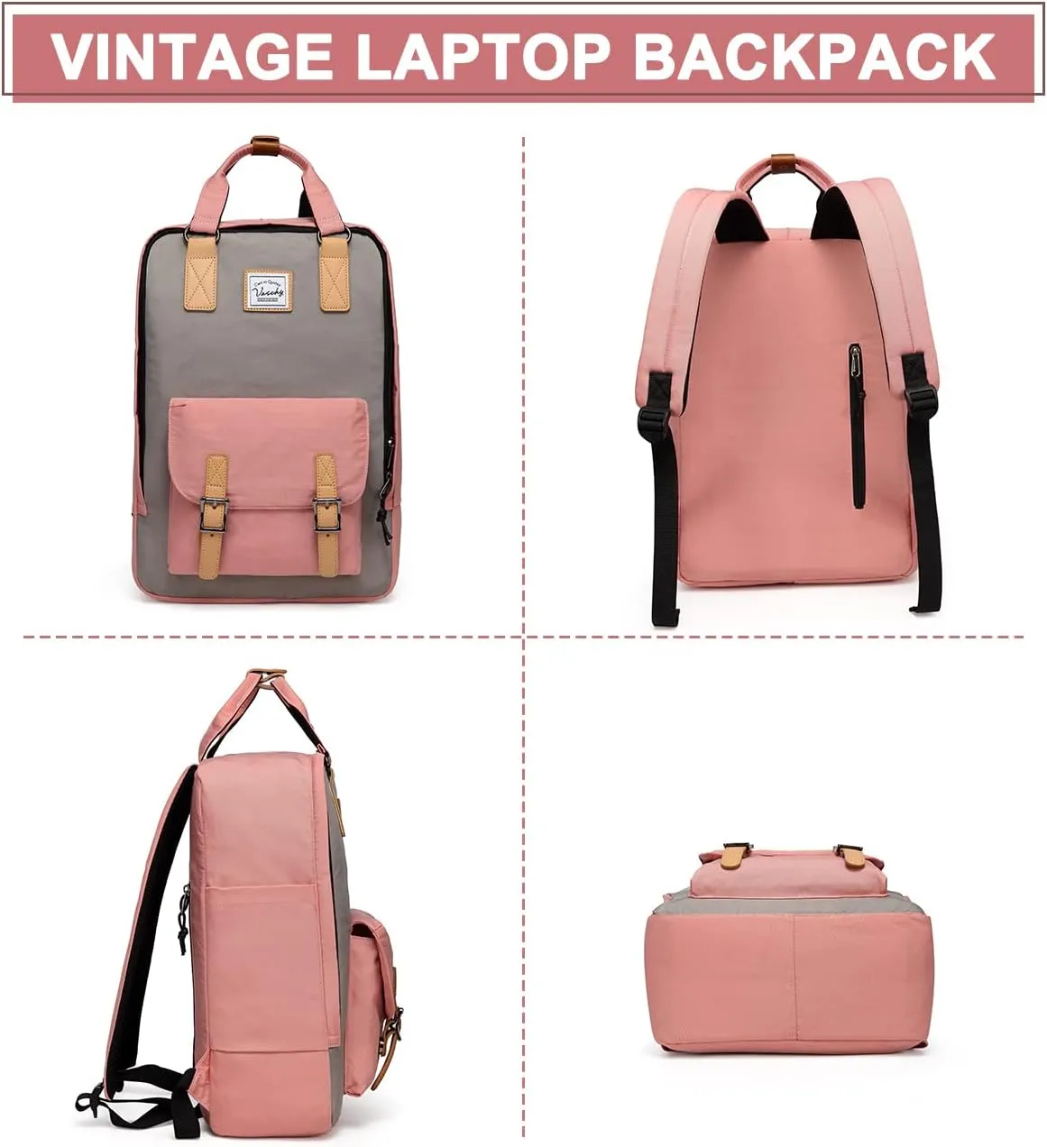 VASCHY School Backpack for Men and Women, Unisex Vintage Water Resistant Casual Daypack Rucksack Bookbag for College Fits 15inch Laptop Backpack Pink