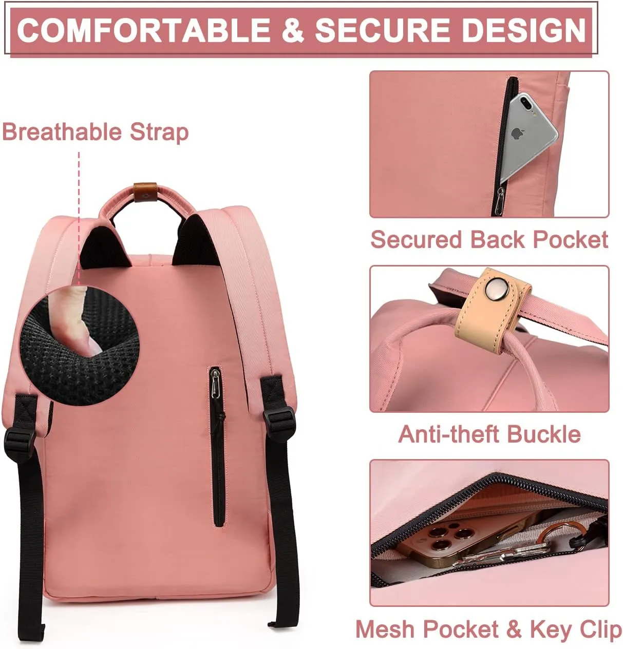 VASCHY School Backpack for Men and Women, Unisex Vintage Water Resistant Casual Daypack Rucksack Bookbag for College Fits 15inch Laptop Backpack Pink