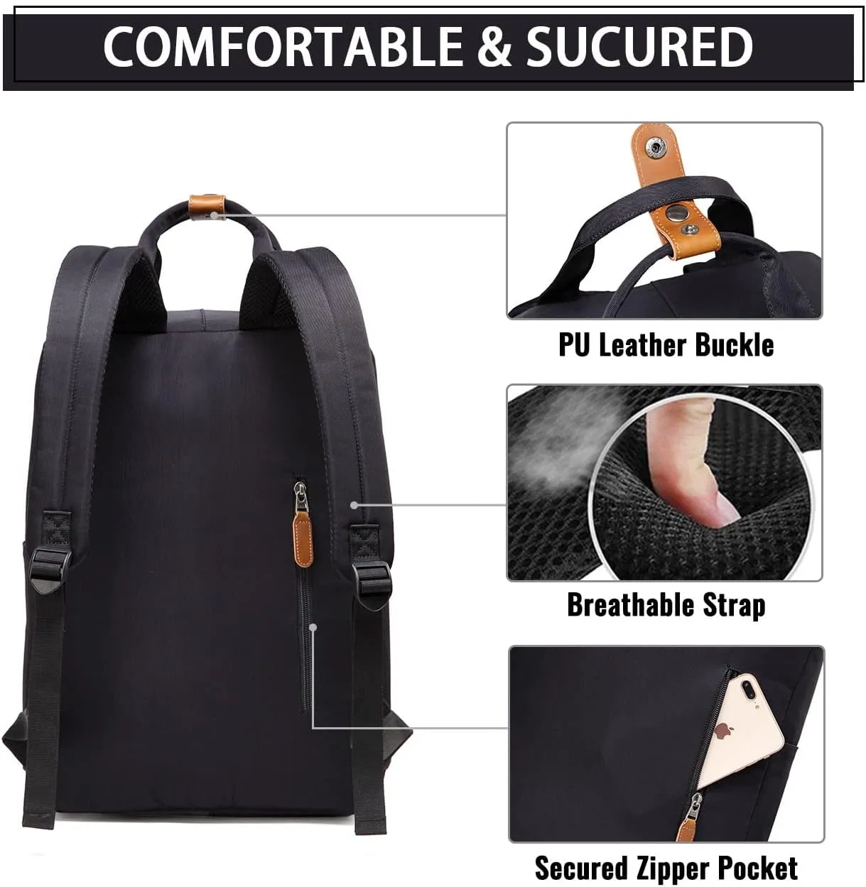 VASCHY School Backpack for Women Men, Travel Backpack Water Resistant College High School Computer Bag Student Bookbag, Black