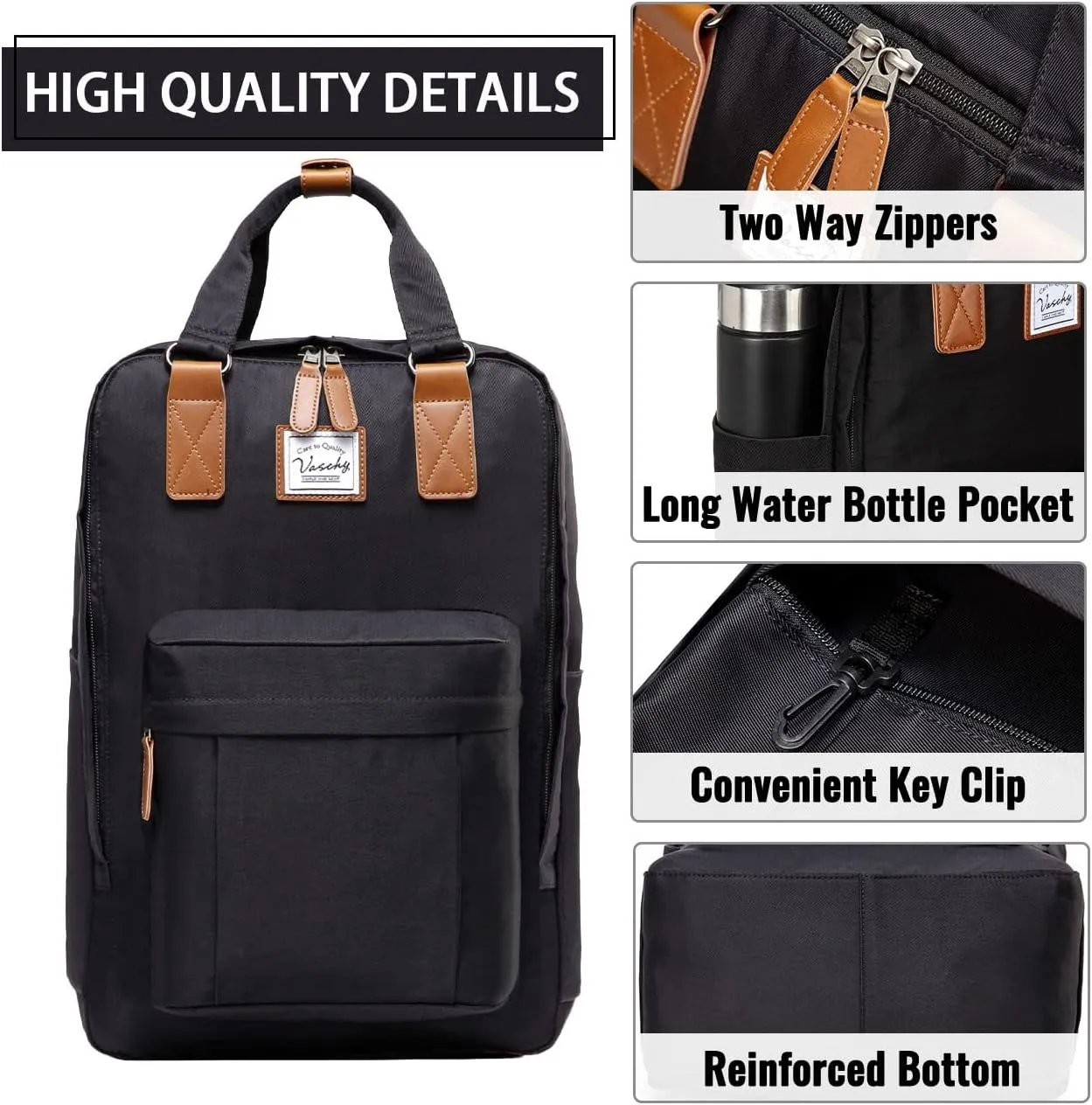 VASCHY School Backpack for Women Men, Travel Backpack Water Resistant College High School Computer Bag Student Bookbag, Black