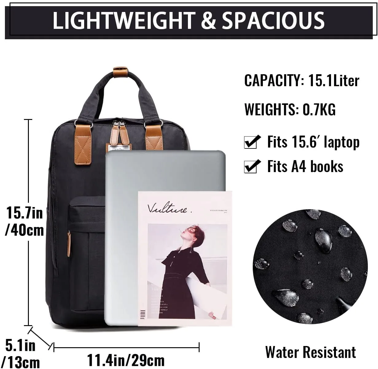 VASCHY School Backpack for Women Men, Travel Backpack Water Resistant College High School Computer Bag Student Bookbag, Black