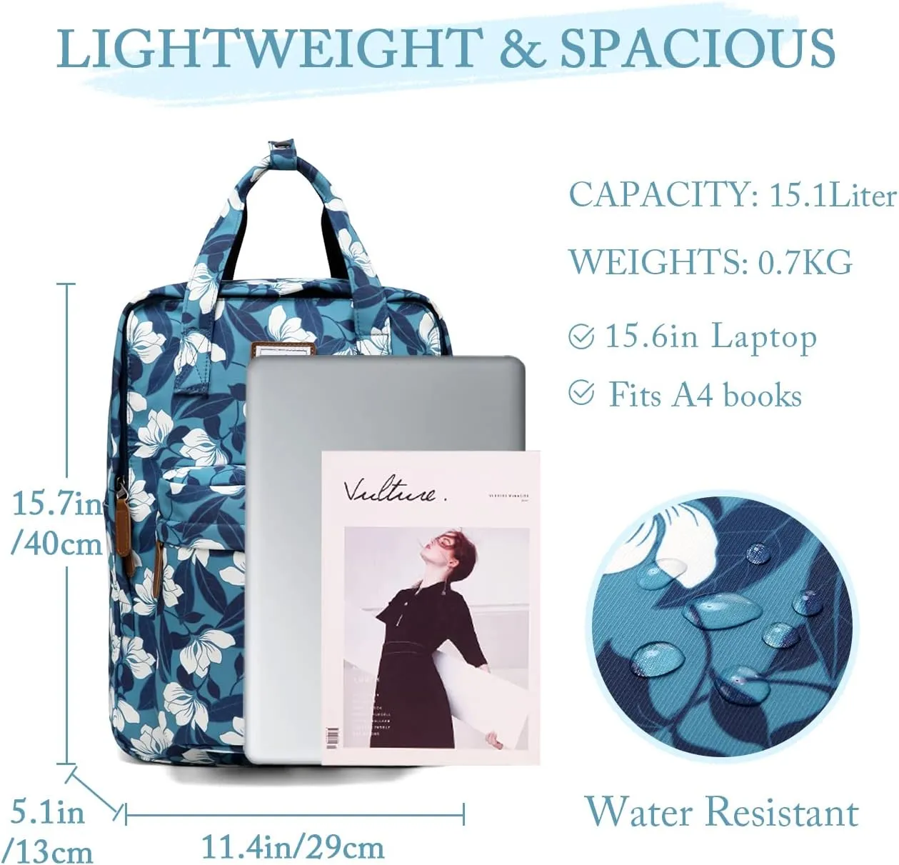 VASCHY School Backpack for Women/Teen Girls, Travel Backpack Water Resistant College High School Computer Bag Student Bookbag,Blue Gardenia