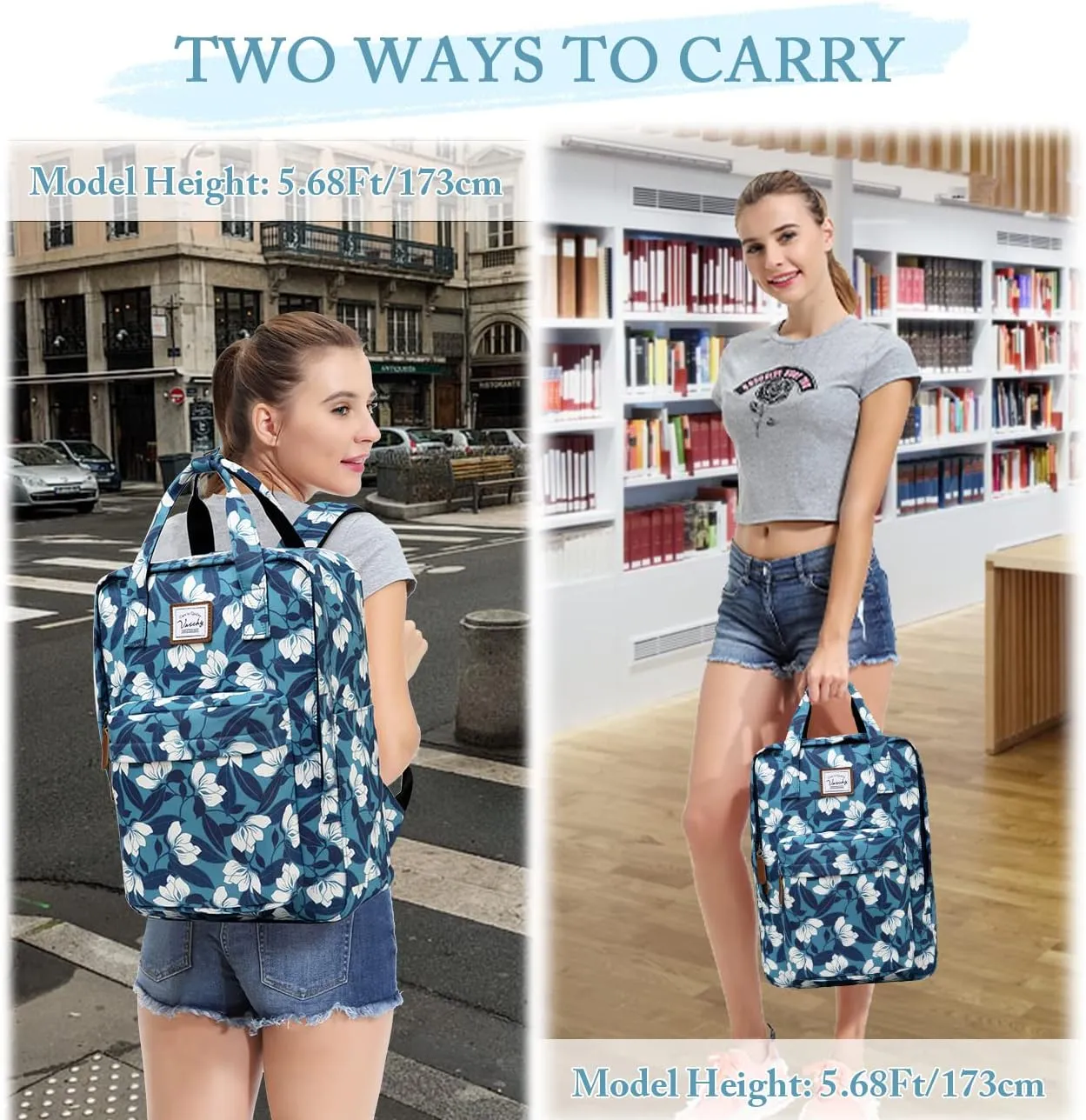 VASCHY School Backpack for Women/Teen Girls, Travel Backpack Water Resistant College High School Computer Bag Student Bookbag,Blue Gardenia