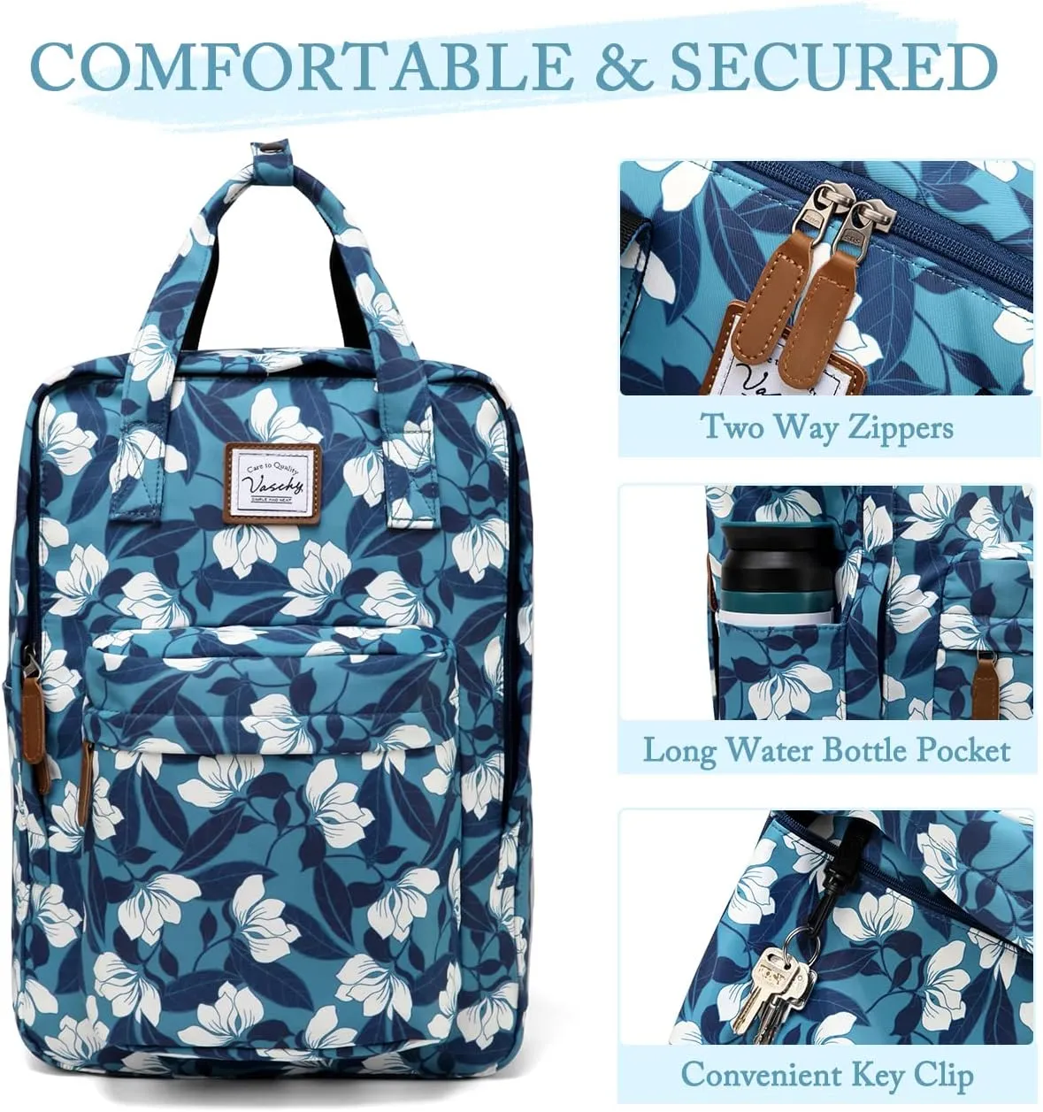 VASCHY School Backpack for Women/Teen Girls, Travel Backpack Water Resistant College High School Computer Bag Student Bookbag,Blue Gardenia