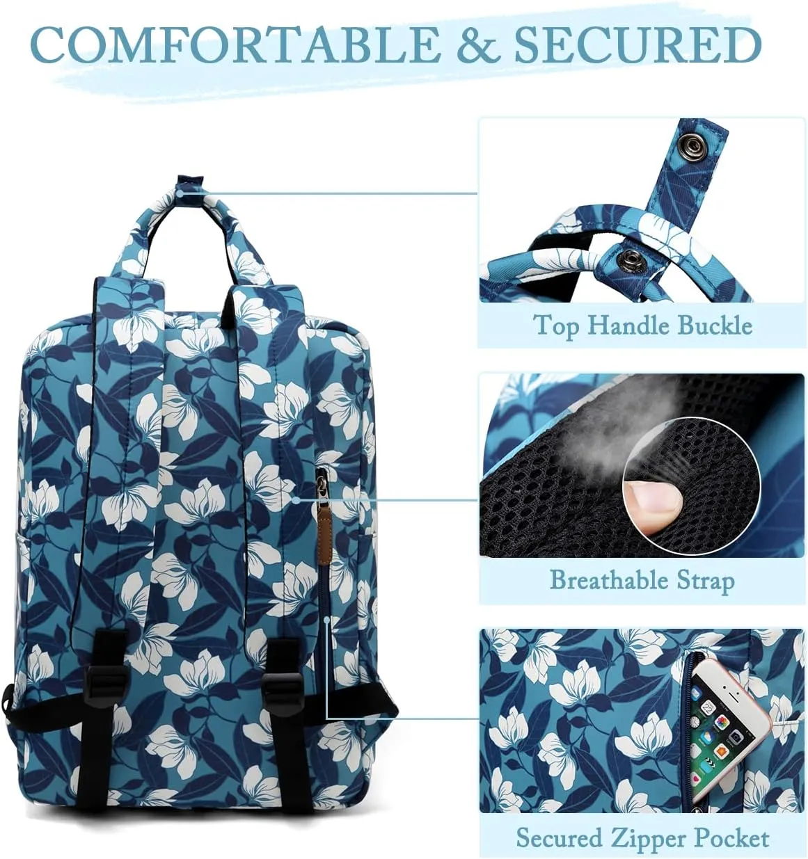 VASCHY School Backpack for Women/Teen Girls, Travel Backpack Water Resistant College High School Computer Bag Student Bookbag,Blue Gardenia