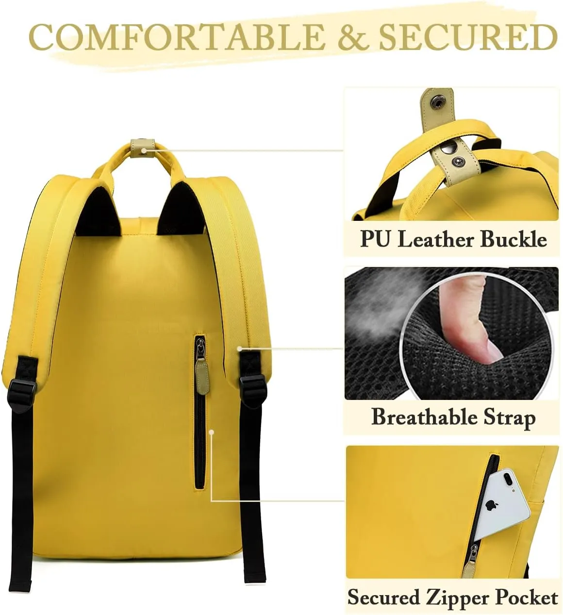 VASCHY School Backpack for Women/Teen Girls, Travel Backpack Water Resistant College High School Computer Bag Student Bookbag,Yellow