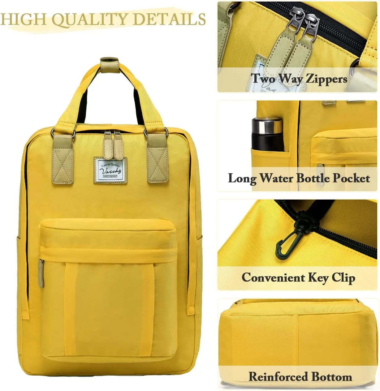 VASCHY School Backpack for Women/Teen Girls, Travel Backpack Water Resistant College High School Computer Bag Student Bookbag,Yellow