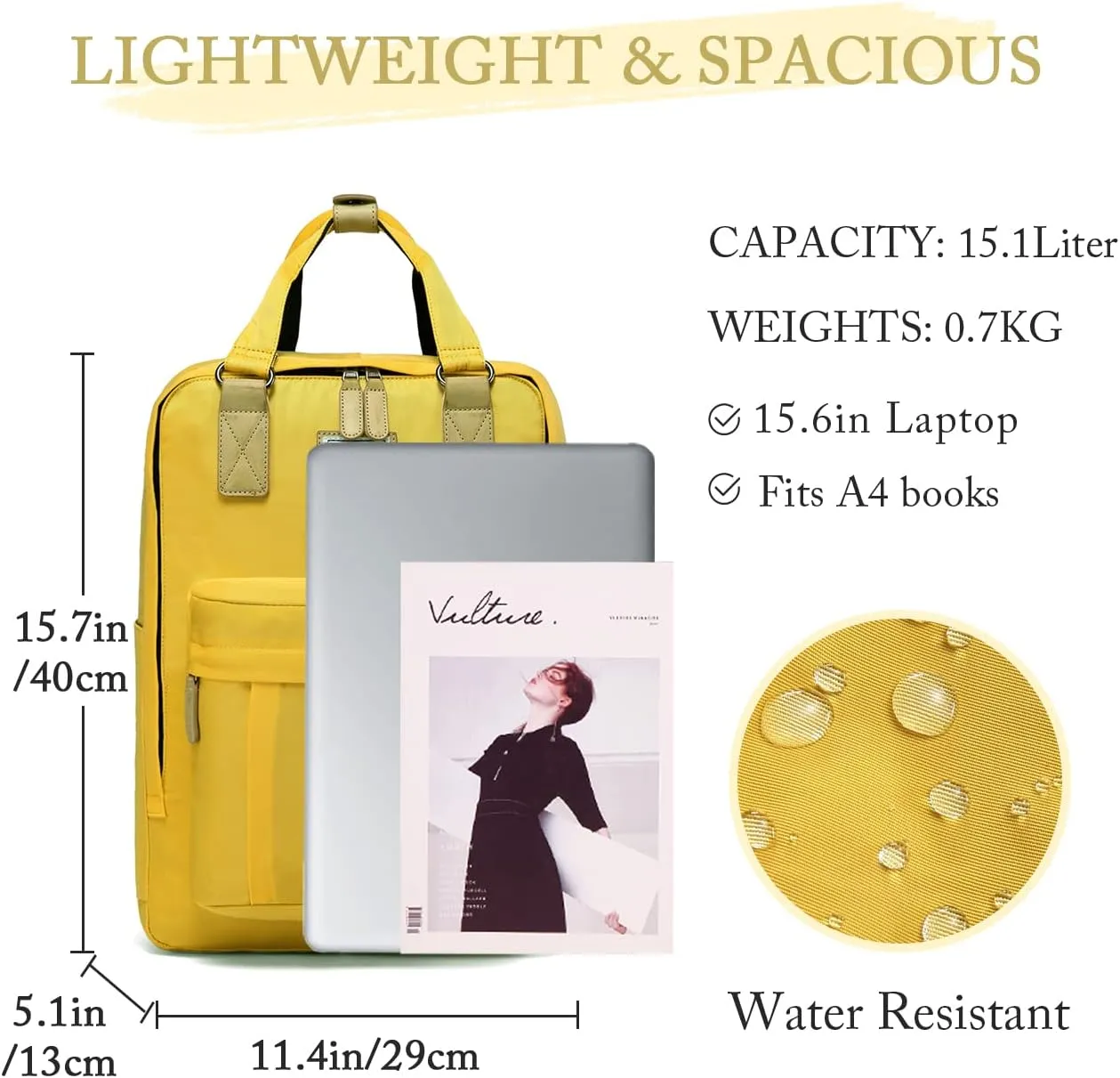 VASCHY School Backpack for Women/Teen Girls, Travel Backpack Water Resistant College High School Computer Bag Student Bookbag,Yellow