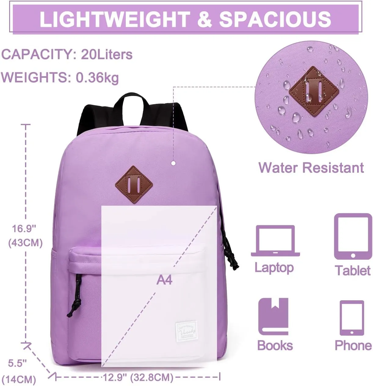 VASCHY School Backpack, Lightweight Water Repellent Backpack Men School Bag Women Children Boy Leisure for Girl School High School Teenagers College Business Travel, Orchid, Taille Unique, Daypack