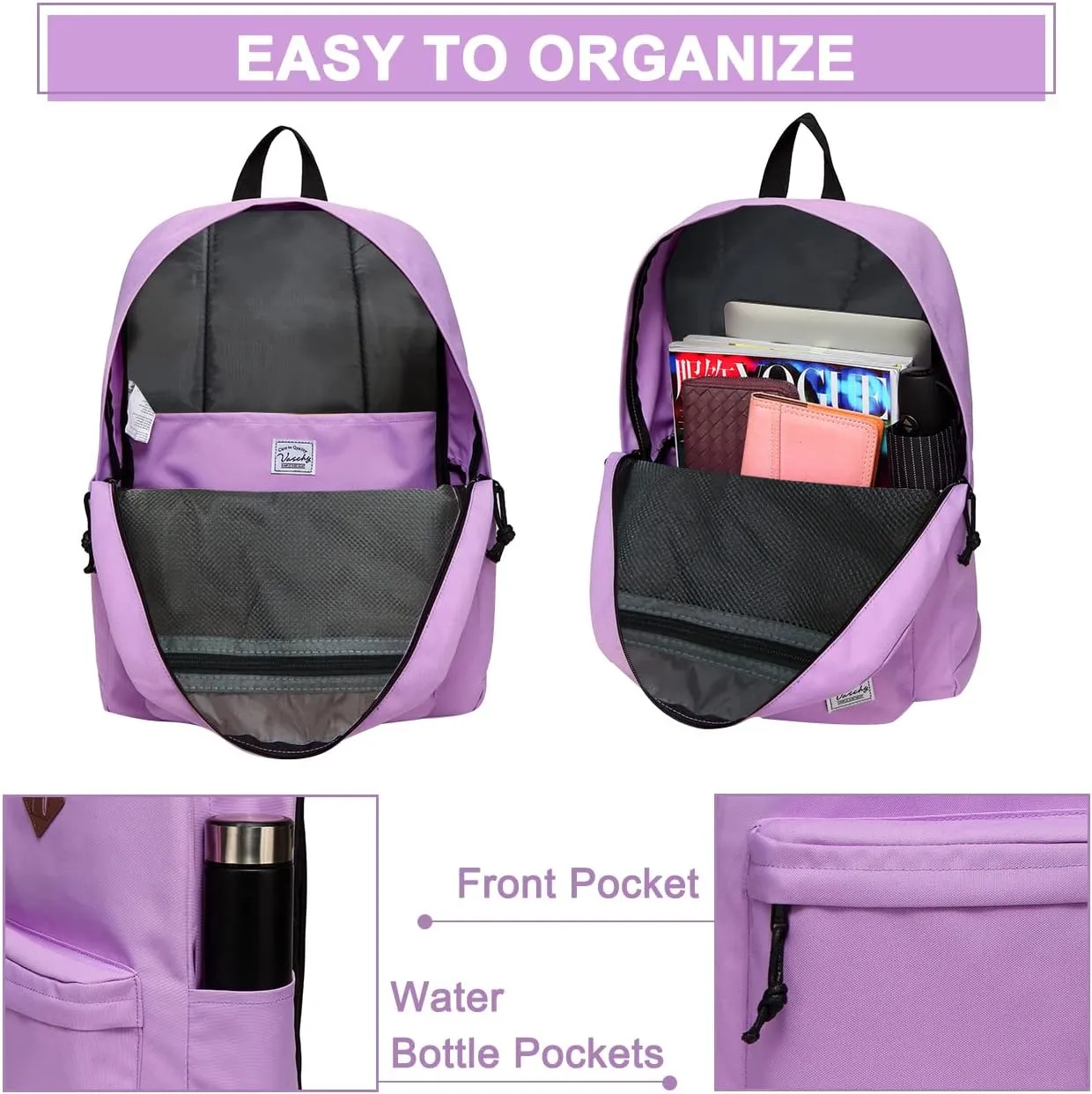 VASCHY School Backpack, Lightweight Water Repellent Backpack Men School Bag Women Children Boy Leisure for Girl School High School Teenagers College Business Travel, Orchid, Taille Unique, Daypack