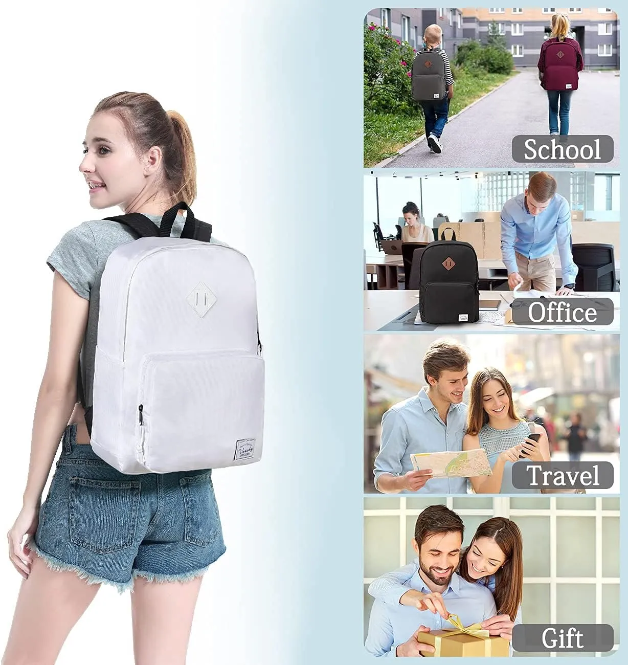 VASCHY School Backpack, Ultra Lightweight Backpack for Men Women Bookbag for Kids Teen Boys Girls White