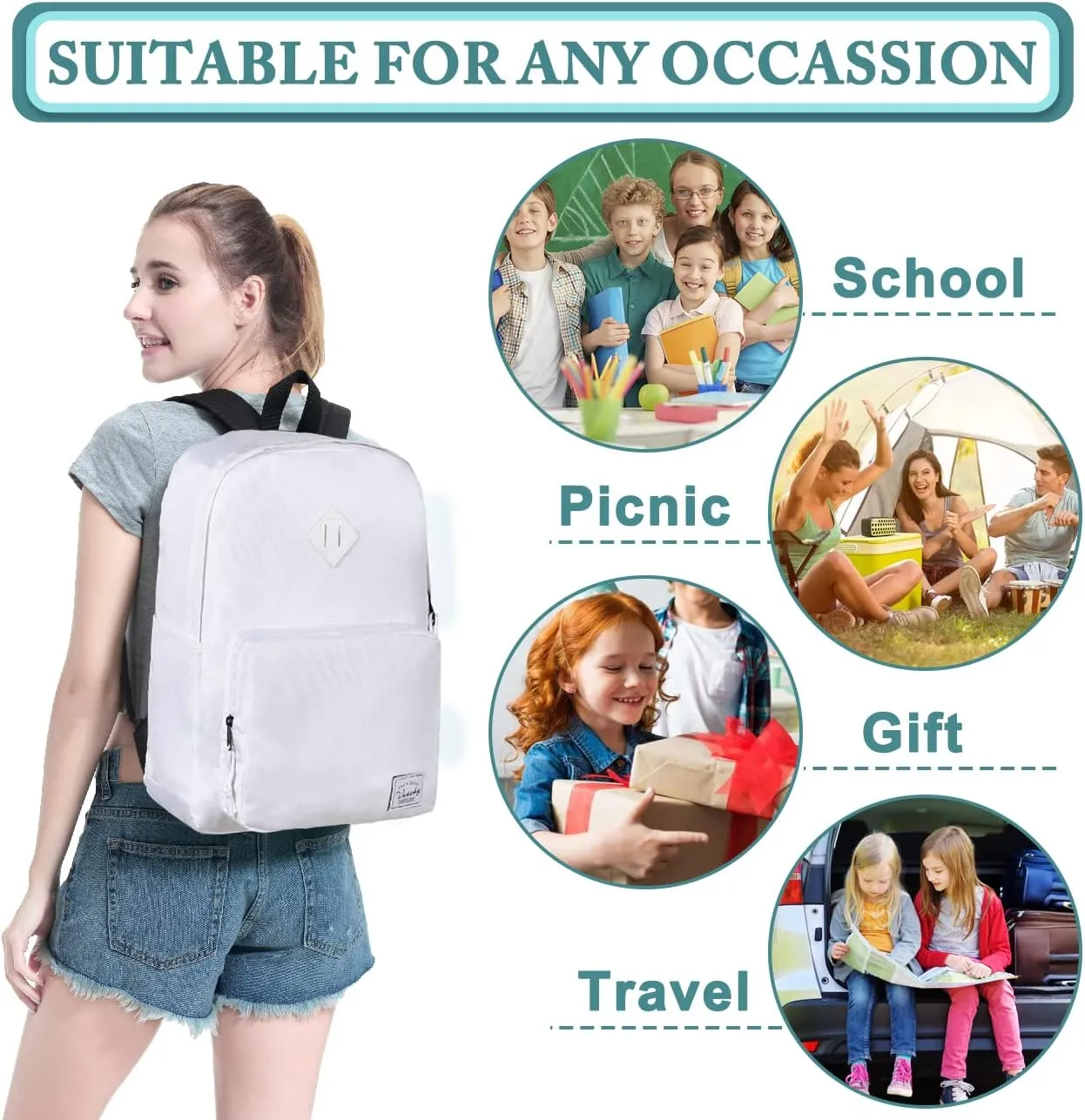 VASCHY School Backpack, Ultra Lightweight Backpack for Men Women Bookbag for Kids Teen Boys Girls White