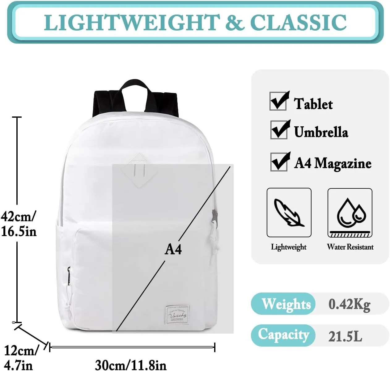 VASCHY School Backpack, Ultra Lightweight Backpack for Men Women Bookbag for Kids Teen Boys Girls White