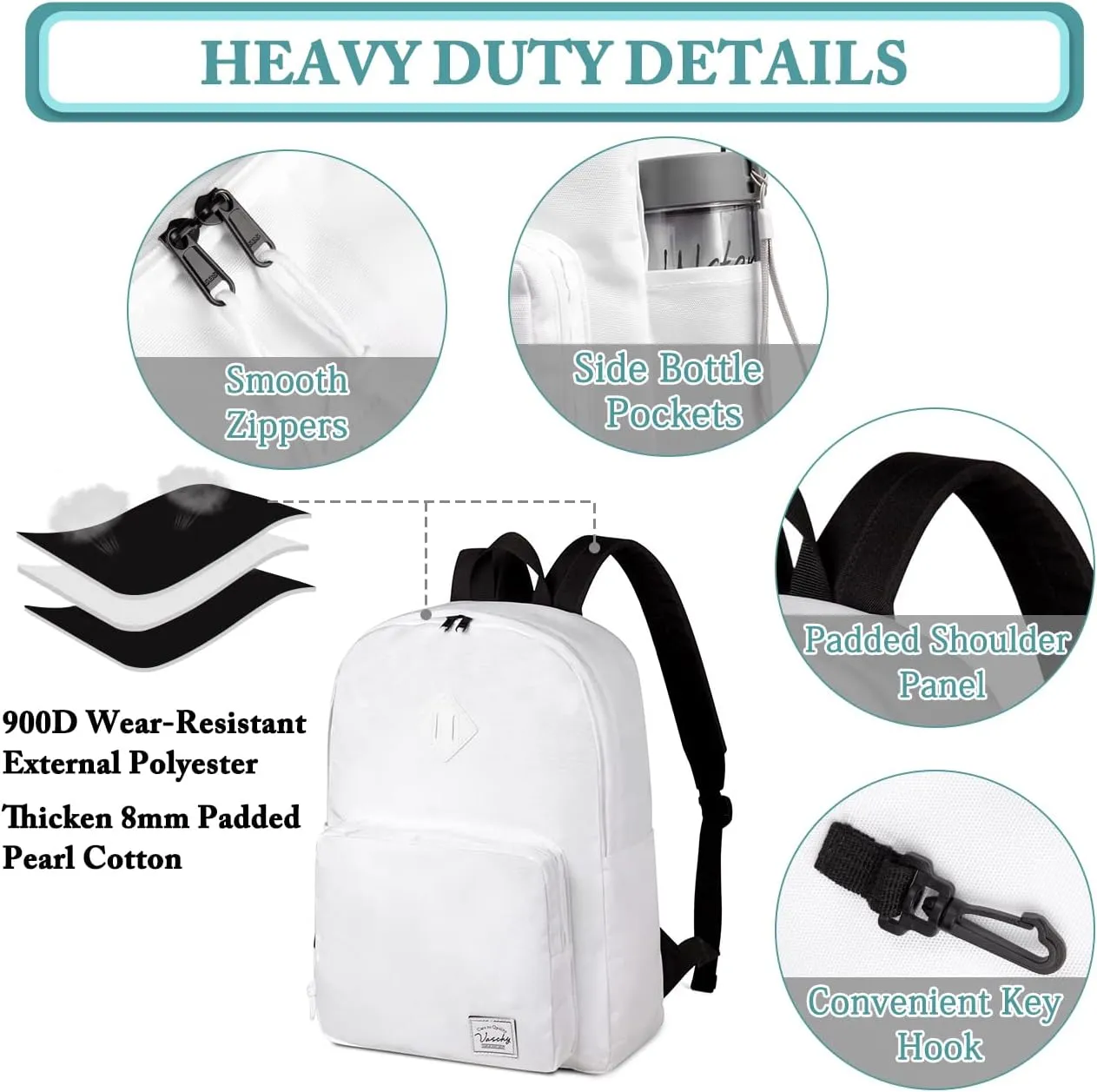 VASCHY School Backpack, Ultra Lightweight Backpack for Men Women Bookbag for Kids Teen Boys Girls White